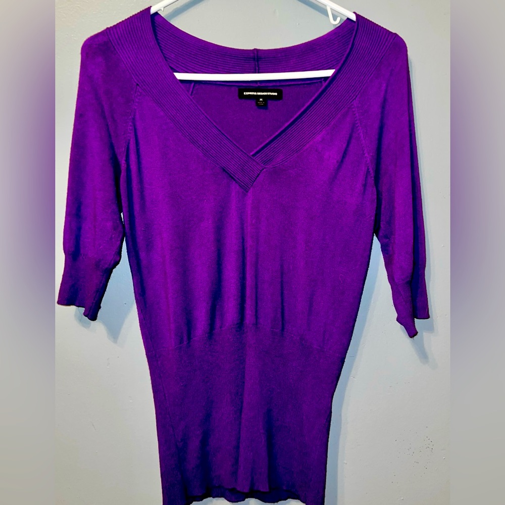The Limited royal purple pullover short sleeve sweater with button sleeve